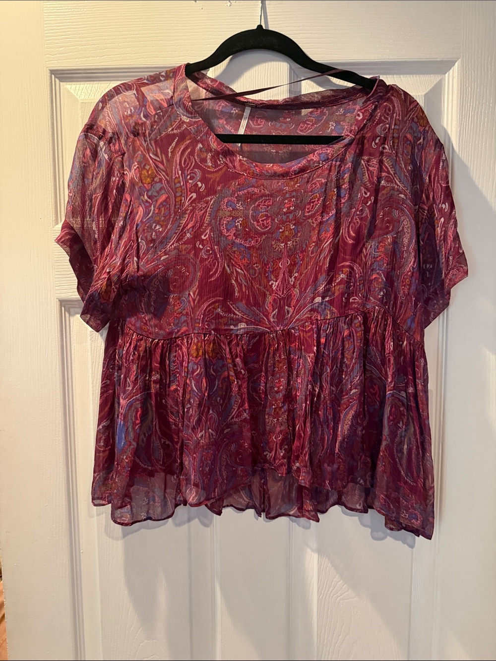 Free People Sheer Paisley Peplum Top - Burgundy with Multi Accents